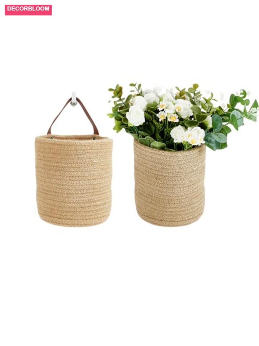 Set of 2 Woven Cotton Rope Hanging Wall Baskets with Leather Handles, Boho